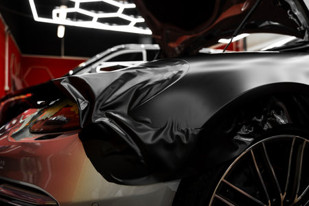 Matte black vinyl wrap application on front fender and wheel arch of luxury vehicle. Vinyl Wrapping of Car. Matte black vinyl wrapping around car with smooth alignment over curves and edgesの写真素材