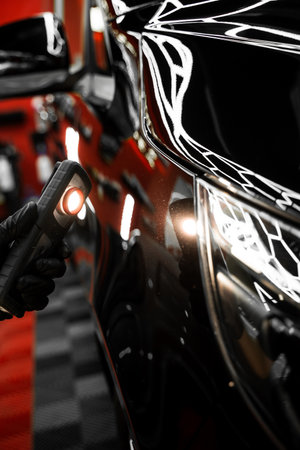 Car paint inspection using detailing inspection light before polishing or ceramic coating. Swirl finder light to detect paint issues on black car in a detailing studio. Car Paint Inspectionの写真素材