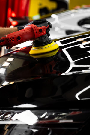 Car hood being polished with yellow pad. Paint polishing in active motion. Paint polishing to eliminate swirl marks and restore deep gloss. Detailing car for sealant or ceramic applicationの写真素材