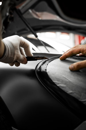 Vinyl film is carefully applied and trimmed with a blade for flawless vehicle wrapping results....