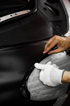 Vinyl film is carefully applied and trimmed with a blade for flawless vehicle wrapping results. Wrapping vinyl requires perfect tension and accurate blade work for high-end detailingの写真素材