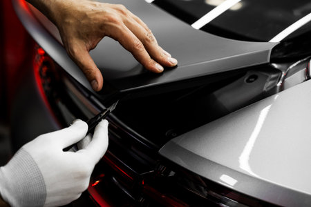 Vinyl Application in Progress in detailing. Vinyl film is trimmed with sharp blade to ensure seamless edges without gaps or tears. Manual vinyl cutting for perfect fitment and clean visual resultsの写真素材