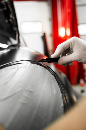Wrapping vinyl requires perfect tension and accurate blade work for high-end detailing. Vinyl film is carefully applied and trimmed with a blade for flawless vehicle wrapping resultsの写真素材