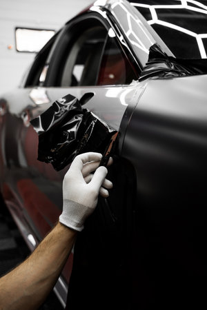 Trimming edges helps maintain clean finish. Vinyl edge cutting in detailing center. Applying wrap with precision cutters shapes vinyl. Clean cuts enhance aesthetics and prevent peelingの写真素材