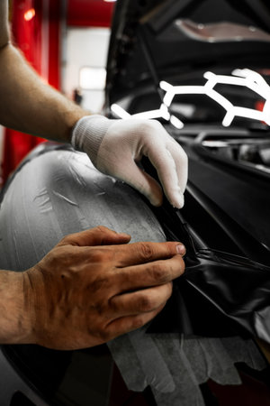 Wrapping vinyl requires perfect tension and accurate blade work for high-end detailing. Vinyl film is carefully applied and trimmed with a blade for flawless vehicle wrapping resultsの写真素材