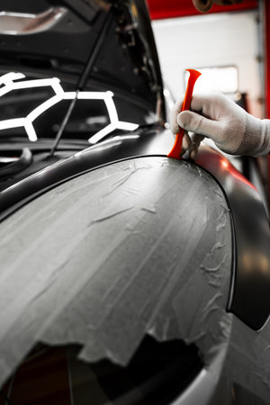 Car Wrapping with Trim Tool. Car detailing applies vinyl wrap around trim using plastic wedge tool for seamless finish. Trim tool to apply matte black wrap around a car panel edgeの写真素材