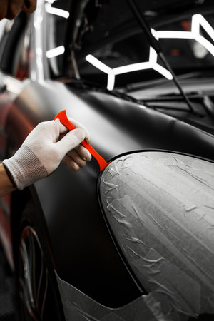 Trim tool to apply matte black wrap around a car panel edge. Car Wrapping with Trim Tool. Car detailing applies vinyl wrap around trim using plastic wedge tool for seamless finishの写真素材