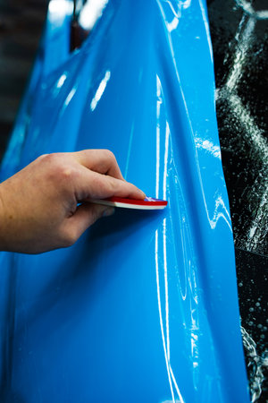 Blue PPF applied with red squeegee during detailing car to preserve finish and block damage. Applying a high-gloss blue PPF using a red squeegee ensures a bubble-free, smooth surface of carの写真素材