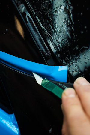 Cutting blue PPF with blade. Cutting blue paint protection film with blade during detailing job ensures precision edges. Detailing technician trims blue PPF on a car panel for perfect contour fitの写真素材