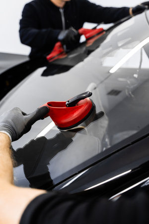 New Windshield installation process. Windshield Installation Using Suction Lifters. Two technicians install windshield using suction lifters. Windshield placement ensures secure seal and integrityの写真素材