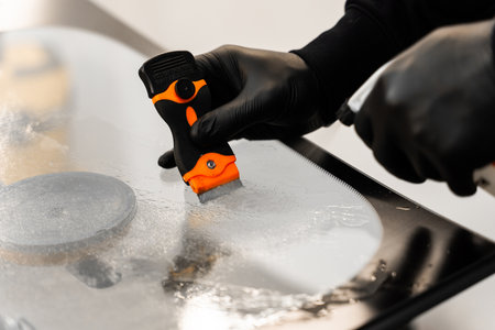 Technician uses scraper to clean the surface of a new windshield post-replacement. Technician scrapes and cleans new windshield after replacement to ensure perfect adhesionの写真素材
