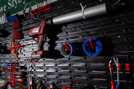 Wall-mounted toolkit customized for auto glass replacement. Tool Wall for Car Glass Work. Tool wall...