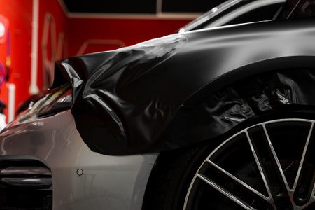 Matte black vinyl wrapping around car with smooth alignment over curves and edges. Matte black vinyl wrap application on front fender and wheel arch of luxury vehicle. Vinyl Wrapping of Carの写真素材