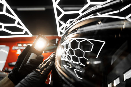 Swirl finder light to detect paint issues on black car in a detailing studio. Car Paint Inspection. Car paint inspection using detailing inspection light before polishing or ceramic coatingの写真素材