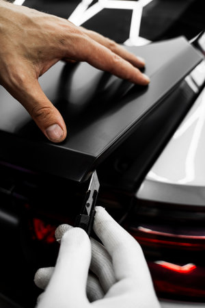 Vinyl Application in Progress in detailing. Vinyl film is trimmed with sharp blade to ensure seamless edges without gaps or tears. Manual vinyl cutting for perfect fitment and clean visual resultsの写真素材