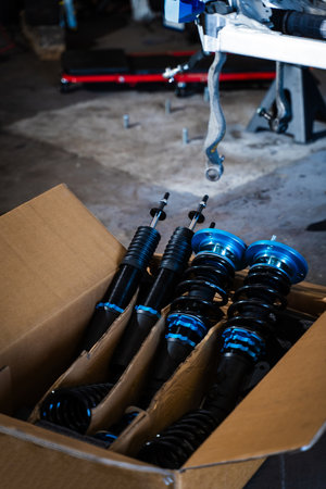 Drift Coilover Suspension Set in Box. High-performance coilovers for drift build ready for...