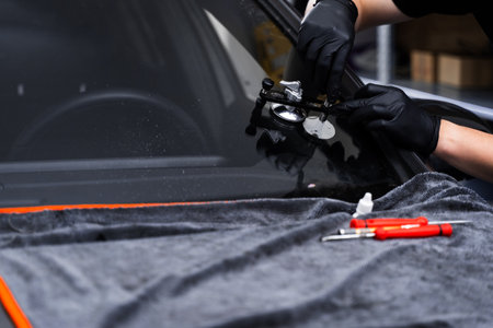 Windshield crack repair using resin injection. Technician using windshield injector tool to fix...