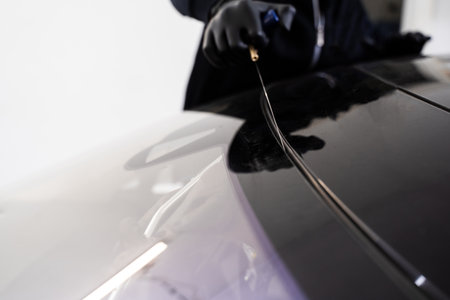 Auto technician separates windshield using fine wire and scraping blade. Car windshield replacement process. Windshield removal in progress using specialized cutting wire and scraper toolの写真素材