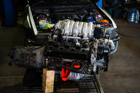 Engine Swap in Progress. Custom V8 engine prepared for installation in drift car. Highlighting...
