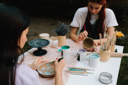 Pottery and Ceramic Art. Painting Blue Clouds on Clay Bowl. Ceramic bowl is hand-painted with light...