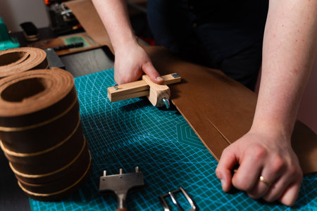 Handmade leather belt preparation with wooden strap cutter on cutting mat. Artisan is cutting leather strip with wooden tool. Craftsman preparing leather strap using wooden cutter on matの写真素材