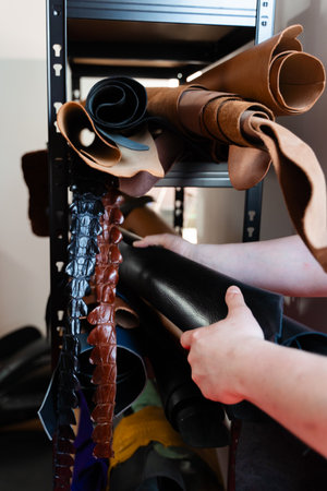 Leather Hide Selection in Workshop. Rolled hides in varied tones and grains emphasize diversity,...