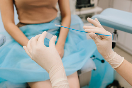 Gynecologist prepares a cytology slide using a sterile brush. Cervical cells are applied to a...