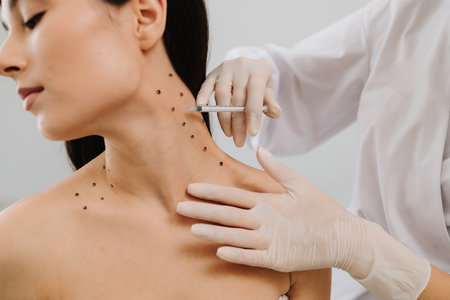 Cosmetologist is drawing dotes before botulinum toxin injection in platysma of girl. Nefertiti lifting injection in marked dotes on the neckの写真素材