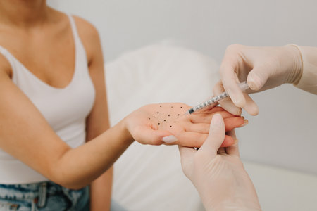 Markup and injection of the hyperhidrosis treatment. Care of palm sweating. Filler injection on the marked dotes palm of a patient against hyperhidrosisの写真素材