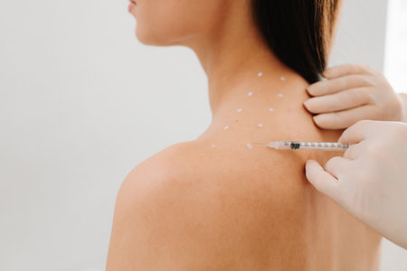 Remedy of headache problem and pain problems. Injection in marked dotes on back for migraine treatment by doctor. Preparation skin marking for migraine therapyの写真素材