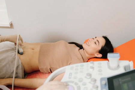 Applying gel to the ultrasound device eliminates air gaps for better sound transmission. Ultrasound Gel Application. Ultrasound gel is applied to the transducer for effective soundwave conductionの写真素材