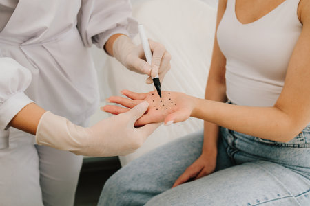 Care of palm sweating. Marking dotes for filler injection on the palm of a patient against...