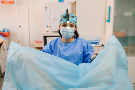 Gynecologist performs intrauterine intervention. Minimally invasive gynecological procedure using sterile instruments. Ongoing gynecological procedure in a sterile gynecology clinicの写真素材