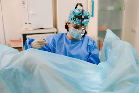 Gynecologist performs intrauterine intervention. Minimally invasive gynecological procedure using sterile instruments. Ongoing gynecological procedure in a sterile gynecology clinicの写真素材