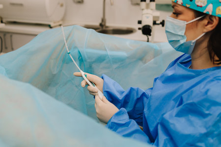 Gynecologist performing IUD insertion. Intrauterine device placement as a safe and effective contraceptive option. Gynecologist inserts an intrauterine device IUD for long-term contraceptionの写真素材