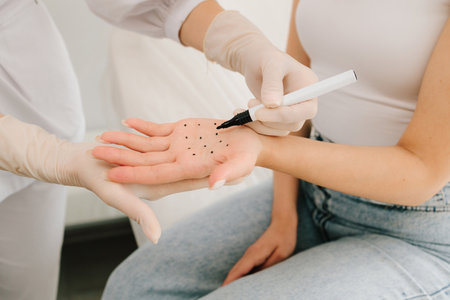 Marking dotes for filler injection on the palm of a patient against hyperhidrosis. Markup of the hyperhidrosis treatment. Care of palm sweatingの写真素材