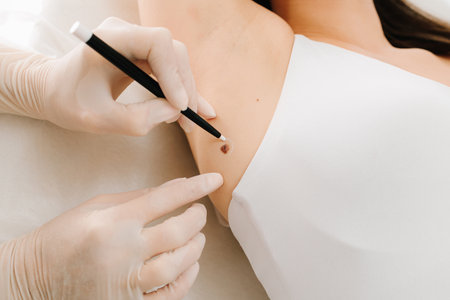Dermatologists is marking of a mole before laser removal. Medical Mole Examination. Dermatological mole inspection ensures accurate evaluation of pigmentation and tissue healthの写真素材