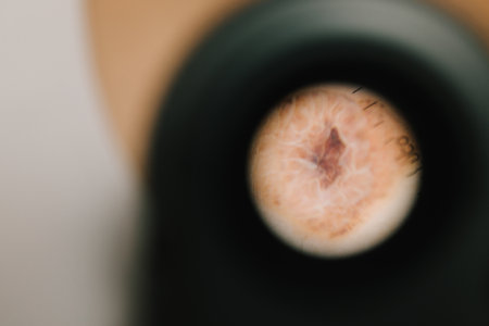 Close-up of pigmented skin lesion aiding in mole evaluation and diagnosis. Medical Skin Lesion Close-up through Dermatoscope. Dermatoscope image capturing a suspicious skin spotの写真素材