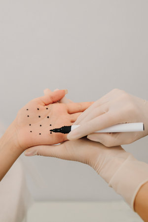 Marking dotes for filler injection on the palm of a patient against hyperhidrosis. Markup of the hyperhidrosis treatment. Care of palm sweatingの写真素材