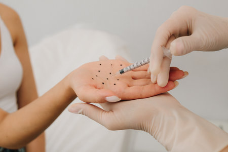 Markup and injection of the hyperhidrosis treatment. Care of palm sweating. Filler injection on the marked dotes palm of a patient against hyperhidrosisの写真素材