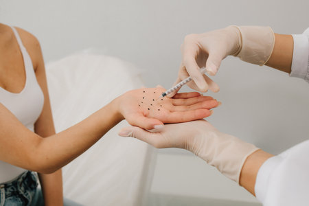 Markup and injection of the hyperhidrosis treatment. Care of palm sweating. Filler injection on the marked dotes palm of a patient against hyperhidrosisの写真素材