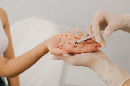 Filler injection on the marked dotes palm of a patient against hyperhidrosis. Markup and injection...