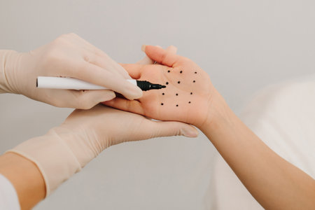 Care of palm sweating. Marking dotes for filler injection on the palm of a patient against hyperhidrosis. Markup of the hyperhidrosis treatmentの写真素材