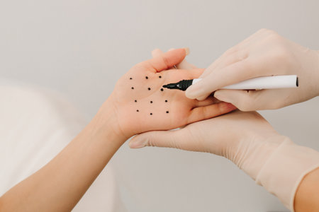 Marking dotes for filler injection on the palm of a patient against hyperhidrosis. Markup of the...