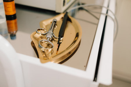 Stainless syringe and cautery handpiece rest on a golden kidney dish, prepared to remove unwanted or harmful tissue. Surgical syringe and cautery pen lie ready for precise aesthetic proceduresの写真素材