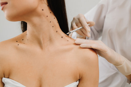 Nefertiti lifting injection in marked dotes on the neck. Cosmetologist is drawing dotes before botulinum toxin injection in platysma of girlの写真素材