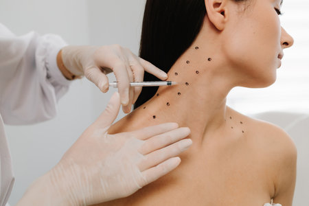 Cosmetologist is drawing dotes before botulinum toxin injection in platysma of girl. Nefertiti lifting injection in marked dotes on the neckの写真素材