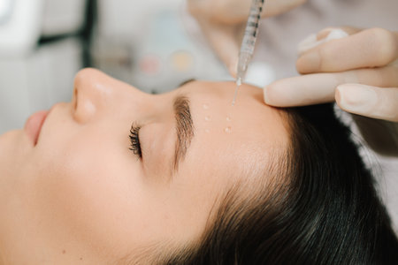 Hyaluronic biorevitalization to enhance epidermal moisture and collagen synthesis. Cosmetologist performs injection biorevitalization using hyaluronic acid to restore skin hydrationの写真素材