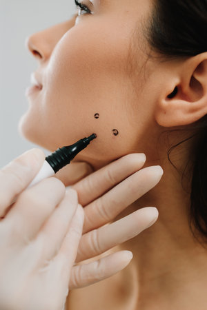 Bruxism injection facial for a treatment with botulinum toxin in an aesthetic medicine clinic. Bruxism injecting for teeth grinding by a cosmetologistの写真素材