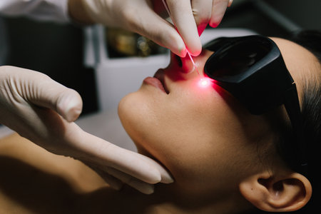 Laser therapy eliminates nevi, papillomas, and other cutaneous lesions. Laser excision of benign neoplasms on the face. Laser removal of nevi and fibromas close-upの写真素材